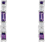 14K Gold Straight Baguette Natural Amethyst Accented Hoop Earrings - White Gold - view 2