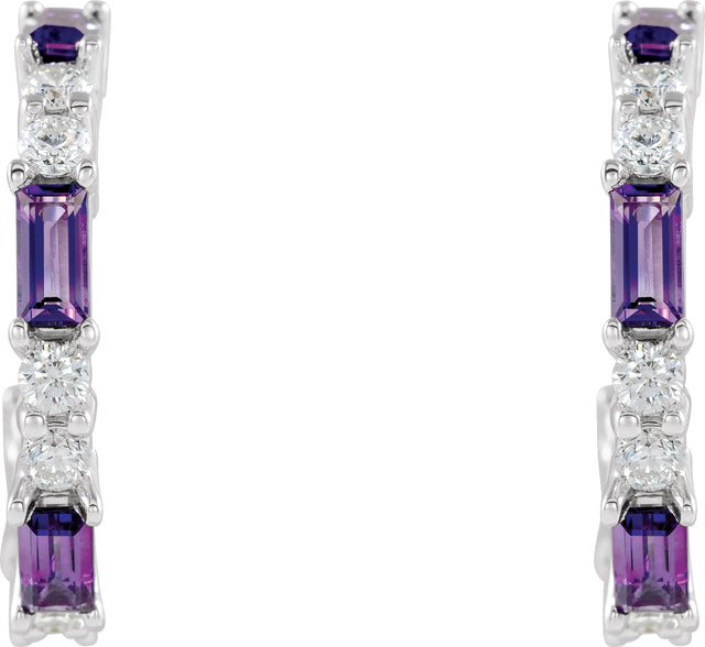 14K Gold Straight Baguette Natural Amethyst Accented Hoop Earrings - White Gold - view 2