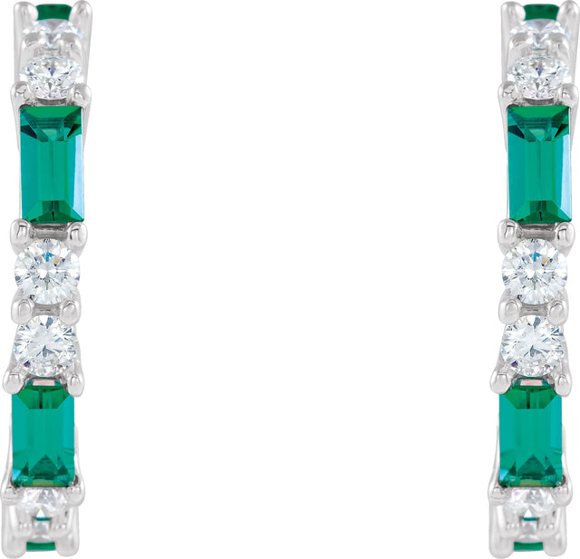 14K Gold Straight Baguette Lab-Grown Emerald Accented Hoop Earrings - White Gold - view 2