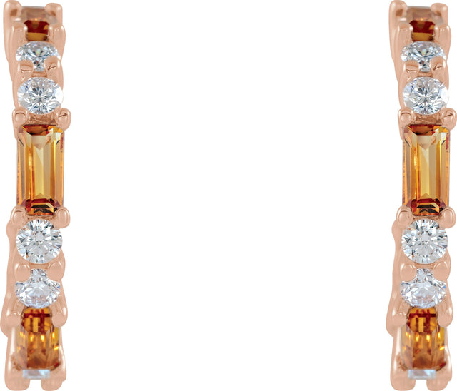 14K Gold Straight Baguette Natural Citrine Accented Hoop Earrings - Rose Gold - view 2