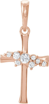 14K Gold Round Natural Diamond Cluster Cross Necklace or Pendant - Rose Gold