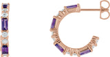 14K Gold Straight Baguette Natural Amethyst Accented Hoop Earrings - Rose Gold