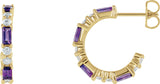 14K Gold Straight Baguette Natural Amethyst Accented Hoop Earrings - Yellow Gold