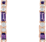 14K Gold Straight Baguette Natural Amethyst Accented Hoop Earrings - Rose Gold - view 2