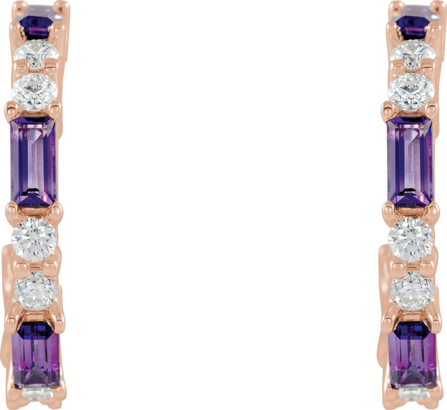 14K Gold Straight Baguette Natural Amethyst Accented Hoop Earrings - Rose Gold - view 2