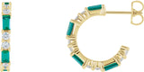 14K Gold Straight Baguette Natural Emerald Accented Hoop Earrings - Yellow Gold