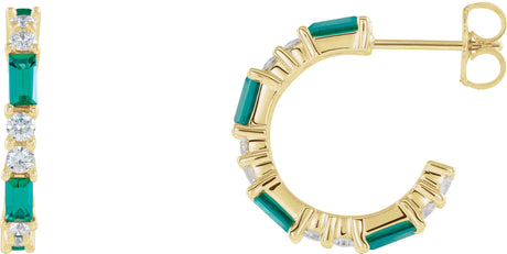 14K Gold Straight Baguette Lab-Grown Emerald Accented Hoop Earrings - Yellow Gold