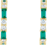 14K Gold Straight Baguette Natural Emerald Accented Hoop Earrings - Yellow Gold - view 2