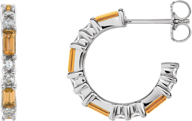 Platinum Straight Baguette Natural Citrine Accented Hoop Earrings