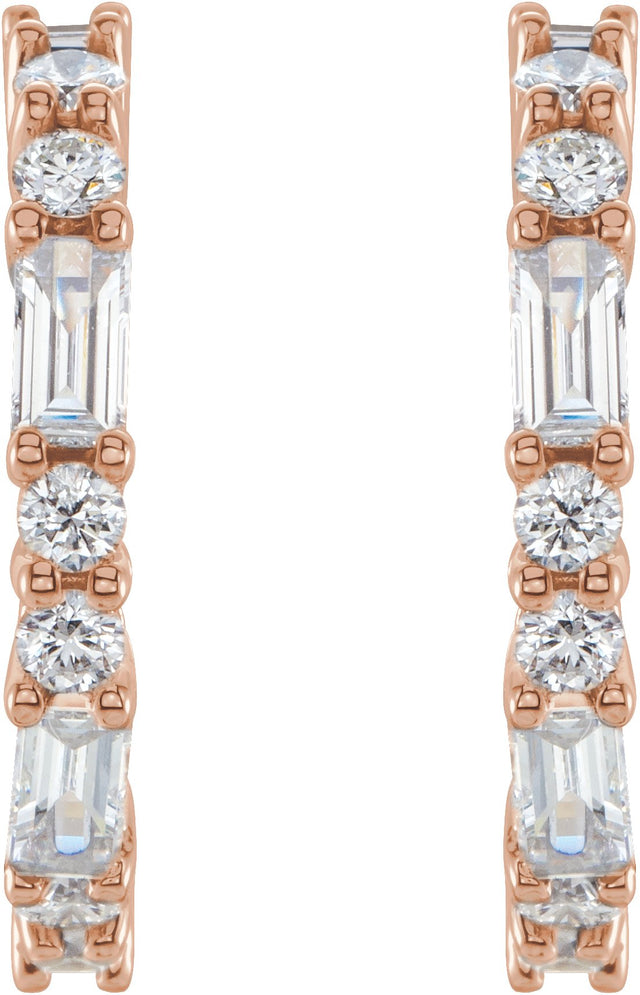 14K Gold Straight Baguette Natural Diamond Accented Hoop Earrings - Rose Gold - view 2