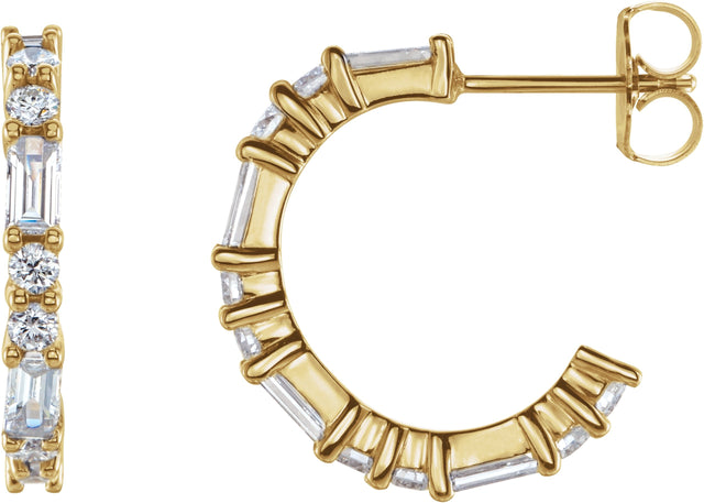 14K Gold Straight Baguette Natural Diamond Accented Hoop Earrings - Yellow Gold