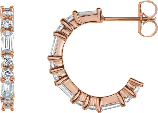 14K Gold Straight Baguette Natural Diamond Accented Hoop Earrings - Rose Gold