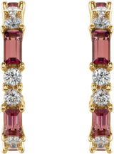 14K Gold Straight Baguette Natural Pink Tourmaline Accented Hoop Earrings - Yellow Gold - view 2