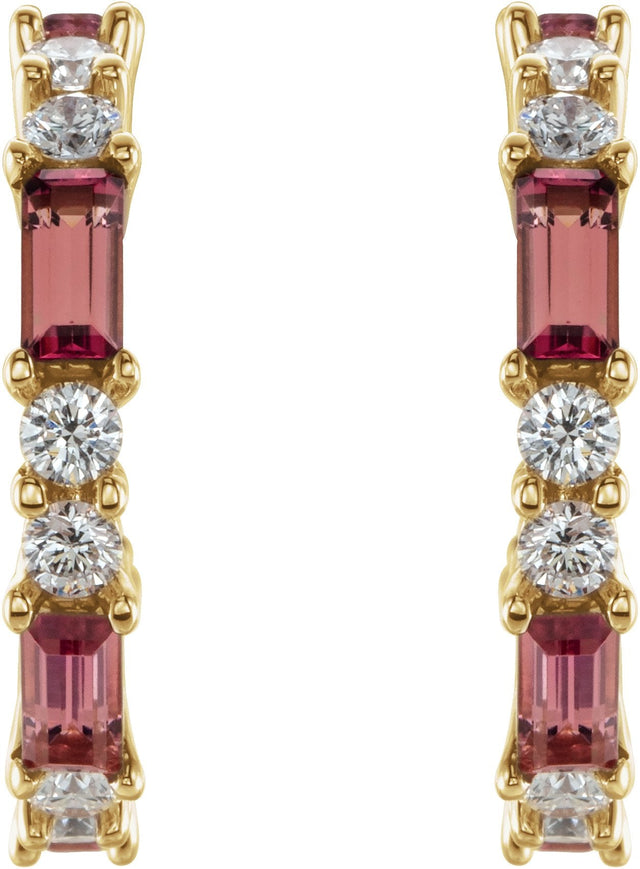 14K Gold Straight Baguette Natural Pink Tourmaline Accented Hoop Earrings - Yellow Gold - view 2