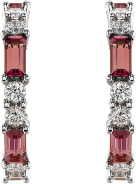 Platinum Straight Baguette Natural Pink Tourmaline Accented Hoop Earrings - view 2