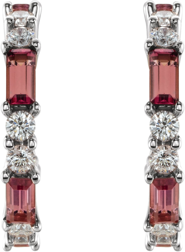 Platinum Straight Baguette Natural Pink Tourmaline Accented Hoop Earrings - view 2