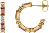 14K Gold Straight Baguette Natural Pink Tourmaline Accented Hoop Earrings - Yellow Gold