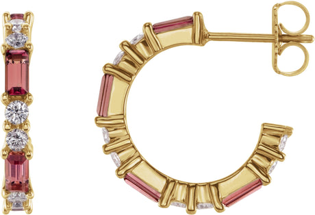 14K Gold Straight Baguette Natural Pink Tourmaline Accented Hoop Earrings - Yellow Gold