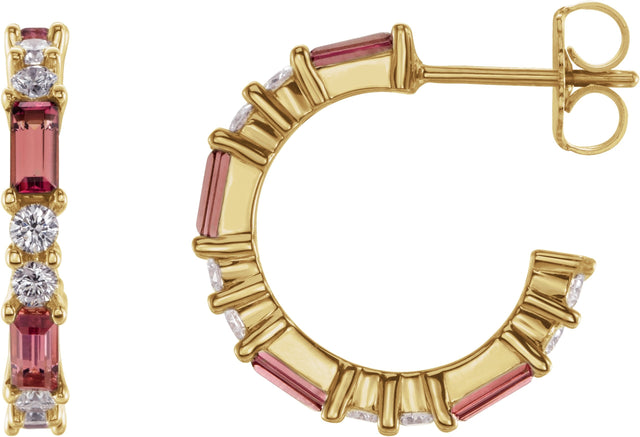 14K Gold Straight Baguette Natural Pink Tourmaline Accented Hoop Earrings - Yellow Gold