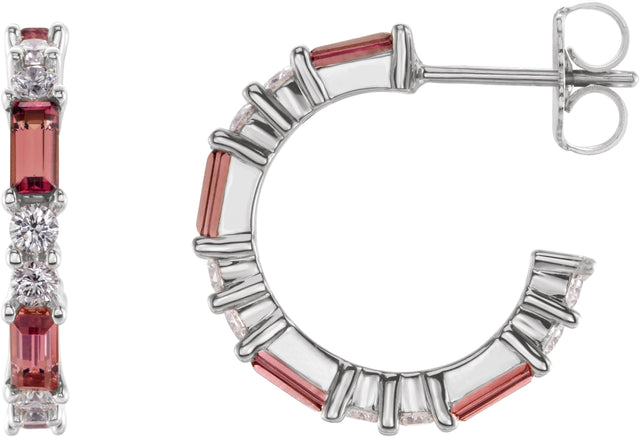 Platinum Straight Baguette Natural Pink Tourmaline Accented Hoop Earrings