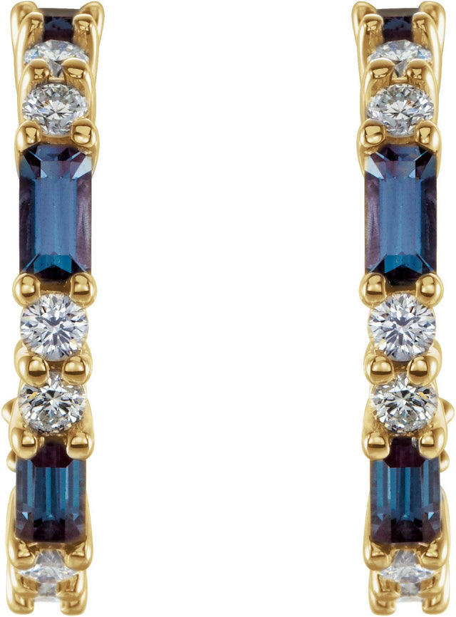 14K Gold Straight Baguette Lab-Grown Alexandrite Accented Hoop Earrings - Yellow Gold - view 2