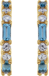 14K Gold Straight Baguette Natural Aquamarine Accented Hoop Earrings - Yellow Gold - view 2