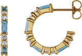 14K Gold Straight Baguette Natural Aquamarine Accented Hoop Earrings - Yellow Gold