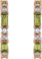14K Gold Straight Baguette Natural Peridot Accented Hoop Earrings - Rose Gold - view 2