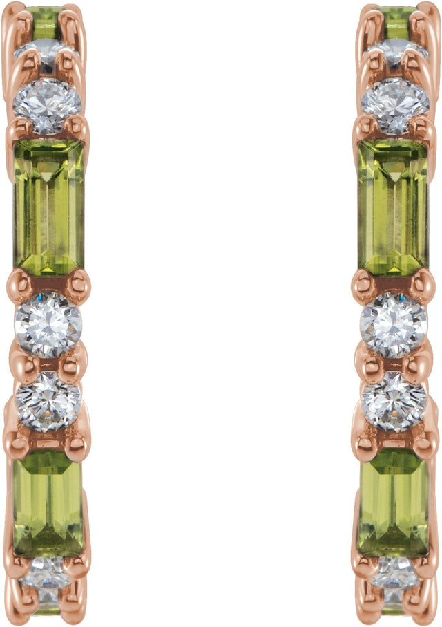 14K Gold Straight Baguette Natural Peridot Accented Hoop Earrings - Rose Gold - view 2