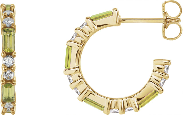 14K Gold Straight Baguette Natural Peridot Accented Hoop Earrings - Yellow Gold