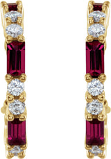 14K Gold Straight Baguette Lab-Grown Ruby Accented Hoop Earrings - Yellow Gold - view 2
