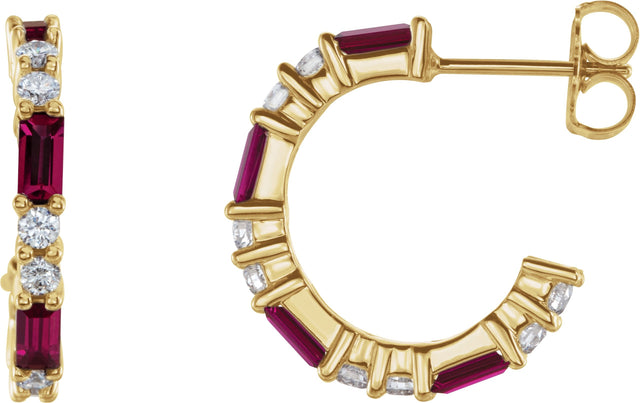 14K Gold Straight Baguette Natural Ruby Accented Hoop Earrings - Yellow Gold