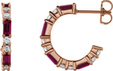 14K Gold Straight Baguette Natural Ruby Accented Hoop Earrings - Rose Gold