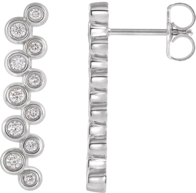 14K Gold Round Natural Diamond Bezel-Set Bar Earrings II - White Gold