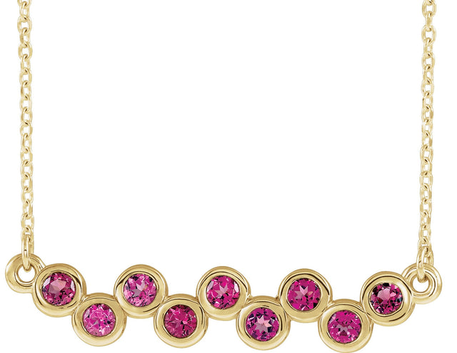 14K Gold Round Natural Pink Tourmaline Bezel-Set Bar Necklace - Yellow Gold