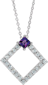 Platinum Square Natural Amethyst Accented Geometric Necklace or Pendant