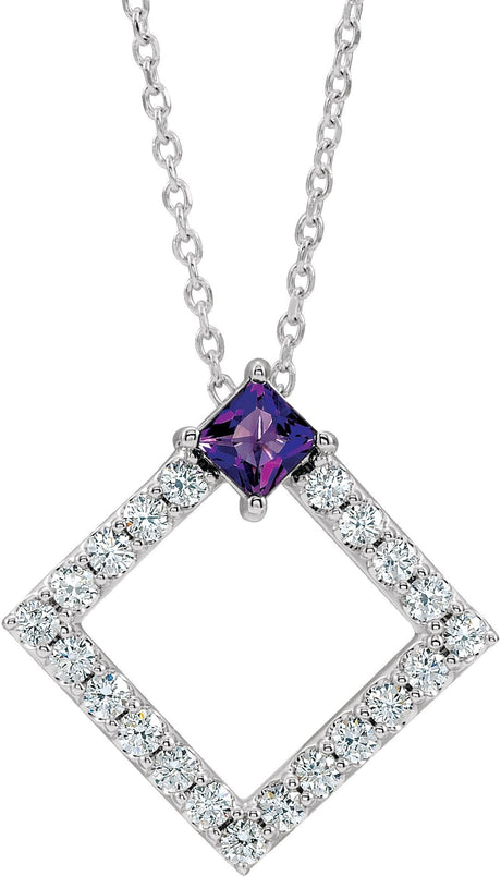 Platinum Square Natural Amethyst Accented Geometric Necklace or Pendant