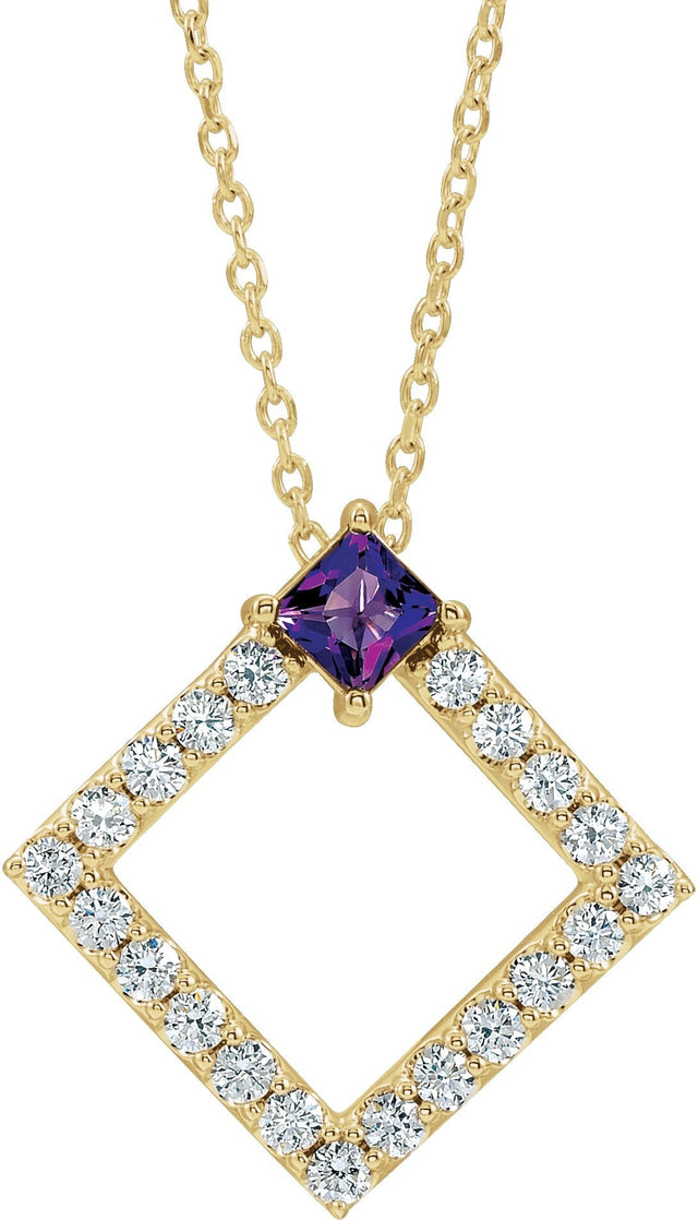 14K Gold Square Natural Amethyst Accented Geometric Necklace or Pendant - Yellow Gold