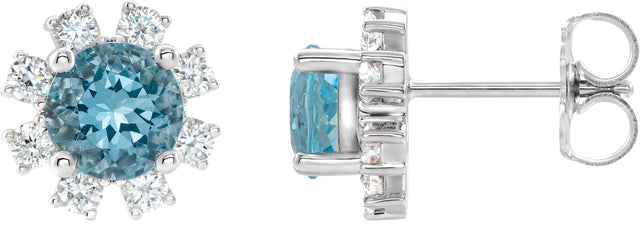 14K Gold Natural Blue Zircon Round 4-Prong Halo-Style Earrings - White Gold