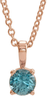 14K Gold Round Natural Blue Zircon Birthstone Necklace or Pendant - Rose Gold