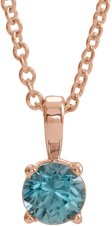 14K Gold Round Natural Blue Zircon Birthstone Necklace or Pendant - Rose Gold