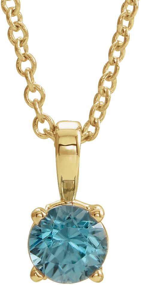 14K Gold Round Natural Blue Zircon Birthstone Necklace or Pendant - Yellow Gold