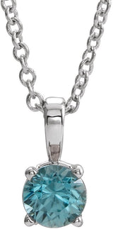 14K Gold Round Natural Blue Zircon Birthstone Necklace or Pendant - White Gold