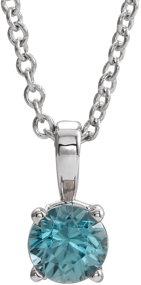 14K Gold Round Natural Blue Zircon Birthstone Necklace or Pendant - White Gold