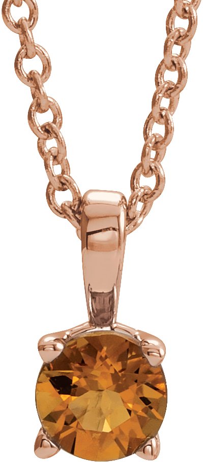 14K Gold Round Natural Citrine Birthstone Necklace or Pendant - Rose Gold