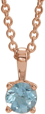 14K Gold Round Natural Aquamarine Birthstone Necklace or Pendant - Rose Gold