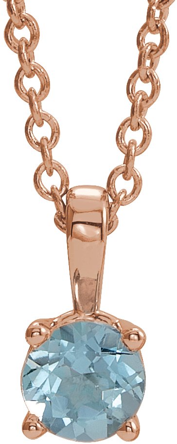 14K Gold Round Natural Aquamarine Birthstone Necklace or Pendant - Rose Gold