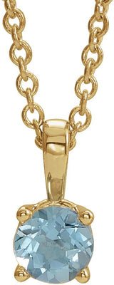 14K Gold Round Natural Aquamarine Birthstone Necklace or Pendant - Yellow Gold