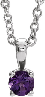Platinum Round Natural Amethyst Birthstone Necklace or Pendant