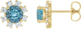 14K Gold Natural Blue Zircon Round 4-Prong Halo-Style Earrings - Yellow Gold